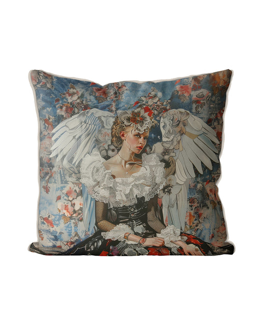 Modern cushion pillow cover of a angel in a sexy black dress with fishnet sleeves and giant white feathered wings on a blue and pink floral background. Finished with chic silver bias piping