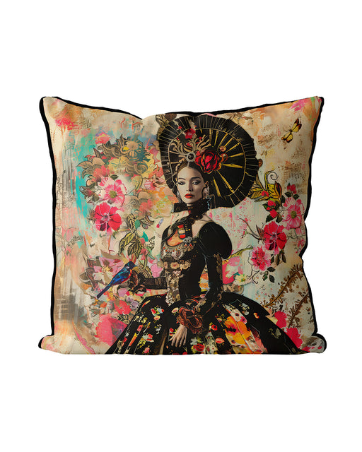 Colourful bold cushion pillow cover. Abstract flowers on the background and a gloriously dressed woman in a flamboyant black dress covered in bright flowers holding a colourful bird. With black bias piping.