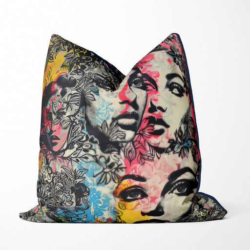 Modern and edgy cushion, pillow cover which features striking female faces rendered in a retro, pop art style with floral overlays, adds a pop of magnificent colour with pink, yellow, blue and black.