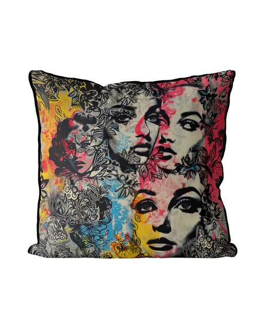 Modern and edgy cushion, pillow cover which features striking female faces rendered in a retro, pop art style with floral overlays, adds a pop of magnificent colour with pink, yellow, blue and black.
