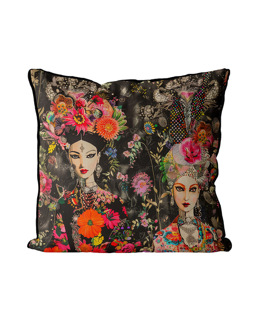 Contemporary elegant cushion pillow cover, two Indian style exquisitely adorned women with elaborate floral headdresses and intricate patterns, bursts with vivid colours of pinks, orange, green, yellow against a dramatic black background.