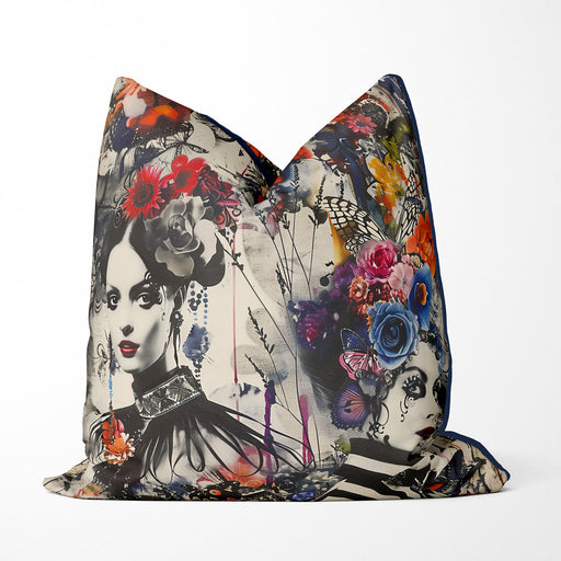 Striking decorative cushion, a fusion of gothic and bohemian styles. Two monochromatic women adorned with elaborate floral headdresses and butterflies splashed in vibrant colours, a dramatic and enchanting visual effect combining gothic elegance with bohemian flair.