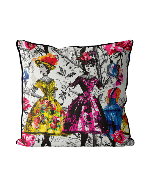 Modern designer cushion, three elegantly dressed women, vibrant colourful dresses and fancy hats against a monochromatic background of delicate botanical illustrations. Intricate floral patterns of vivid yellow, pink, and blue hues stand out in classic elegance with modern colour pops.