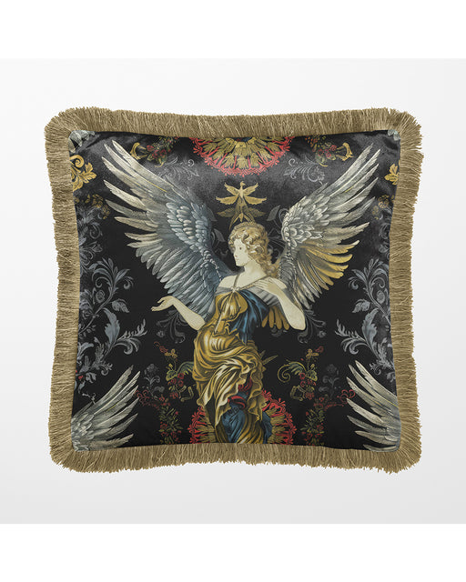Luxury velvet designer cushion, pillow cover in Baroque style featuring a detailed angel with large wings, set against a dark background with intricate floral and ornamental motifs. The pillow has a gold/beige fringe border.
