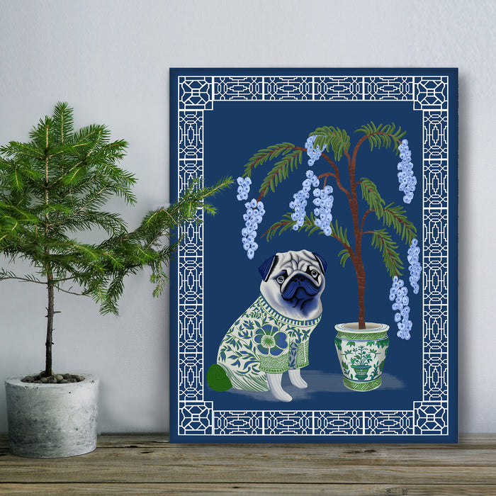 Chinoiserie Pug and Cherry Blossom On Blue, Art Print, Canvas art