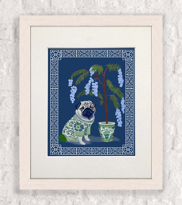 Chinoiserie Pug and Cherry Blossom On Blue, Art Print, Canvas art