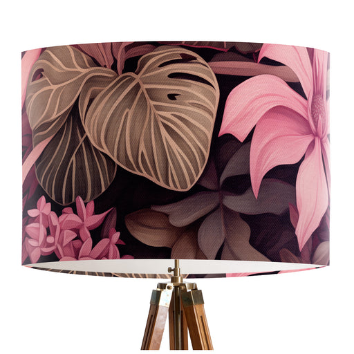 Pink and taupe tropical leaves and flowers, a lively design on a classic sized 30x21cm handcrafted fabric lampshade by artist Kelly Stevens-McLaughlan
