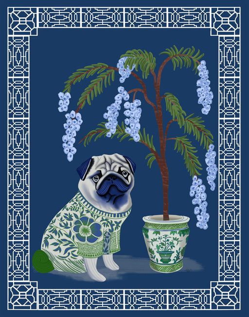 Chinoiserie Pug and Cherry Blossom On Blue, Art Print, Canvas art | FabFunky