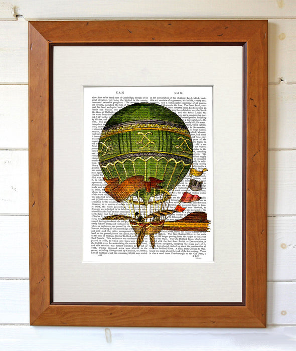 Vintage Hot Air Balloon, Green with flags, Book Print, Art Print, Wall Art