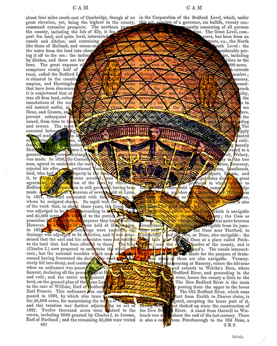 Hot Air Balloon with Flags, Book Print, Art Print, Wall Art