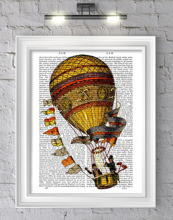 Hot Air Balloon Gold with Flags, Book Print, Art Print, Wall Art