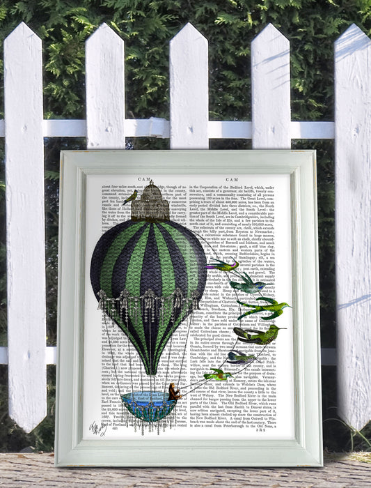 Hot Air Balloon and Birds, Book Print, Art Print, Wall Art
