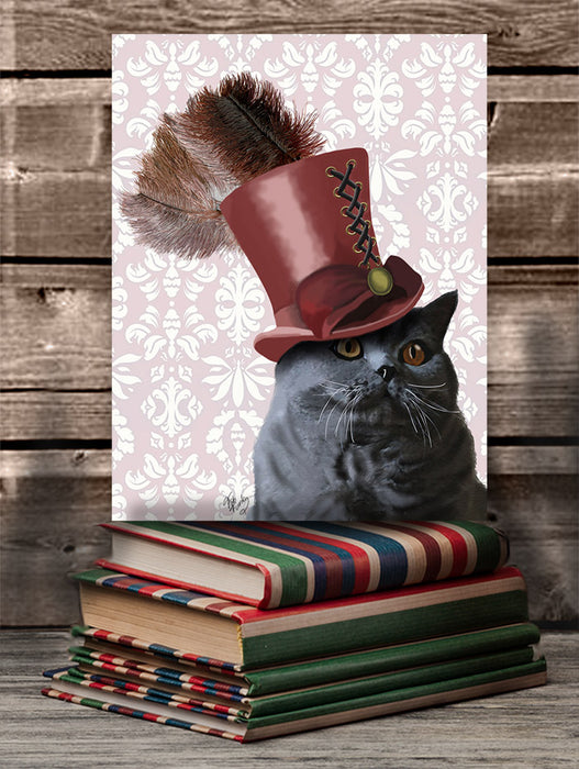 Grey Cat With Steampunk Top Hat, Art Print, Canvas Wall Art
