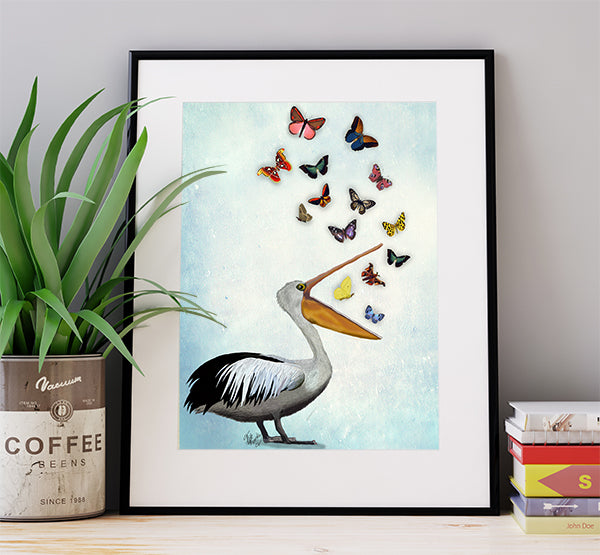 Pelican And Butterflies, Bird Art Print, Wall Art