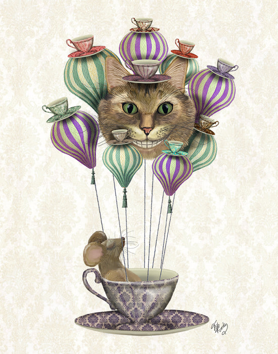 Cheshire Cat and Door Mouse in Teacup Hot Air Balloon Art Print, Wall Art