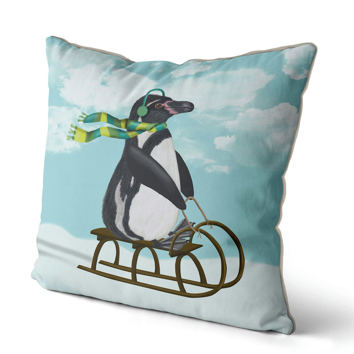Penguin On Sled, Christmas Cushion / Throw Pillow