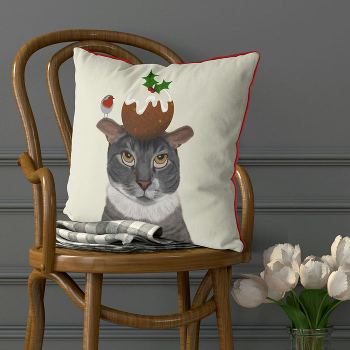 Grey Cat and Christmas Pudding, Christmas Cushion / Throw Pillow