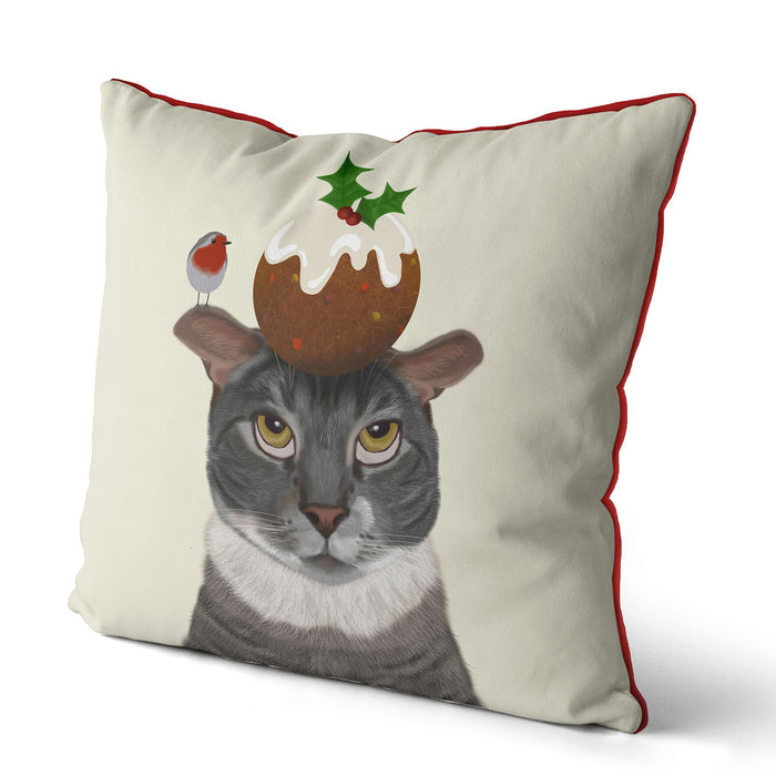 Grey Cat and Christmas Pudding, Christmas Cushion / Throw Pillow