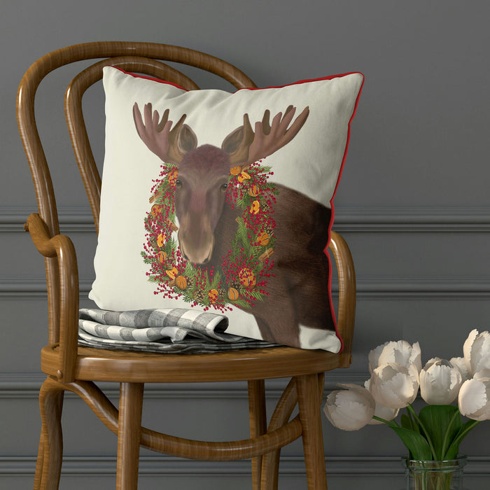 Moose and Cranberry Wreath, Christmas Cushion / Throw Pillow