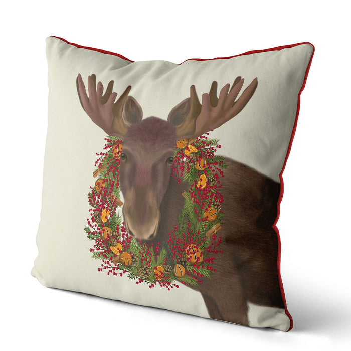 Moose and Cranberry Wreath, Christmas Cushion / Throw Pillow