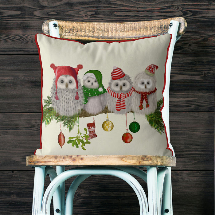 Fluffy Christmas Owls on Branch, Christmas Cushion / Throw Pillow