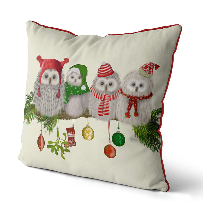 Fluffy Christmas Owls on Branch, Christmas Cushion / Throw Pillow