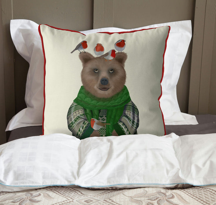 Bear and Robins, Christmas Cushion / Throw Pillow