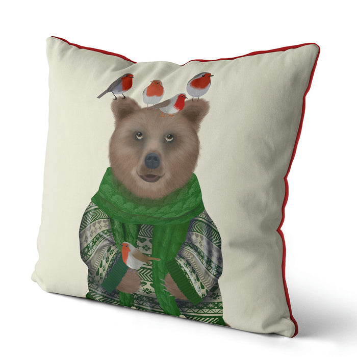 Bear and Robins, Christmas Cushion / Throw Pillow