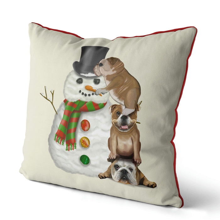 English Bulldogs Building Snowman, Christmas Cushion / Throw Pillow