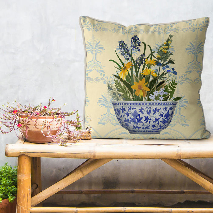 Chinoiserie Bowl with Wild Flowers 1, Cushion / Throw Pillow