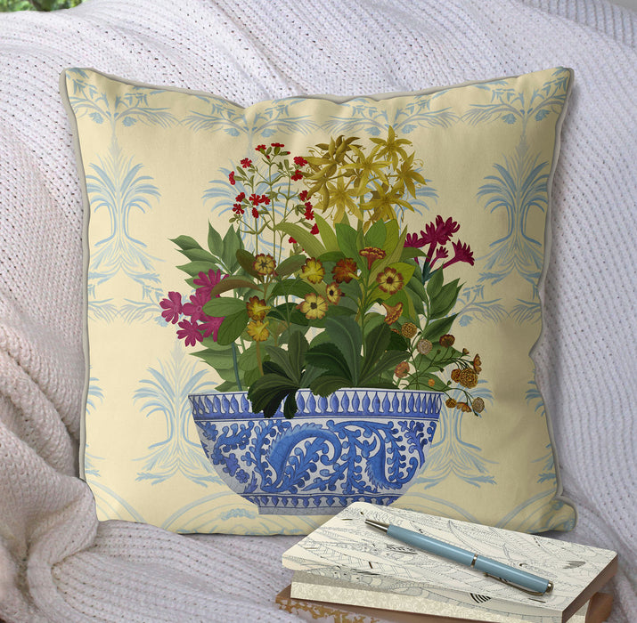 Chinoiserie Bowl with Wild Flowers 2, Cushion / Throw Pillow