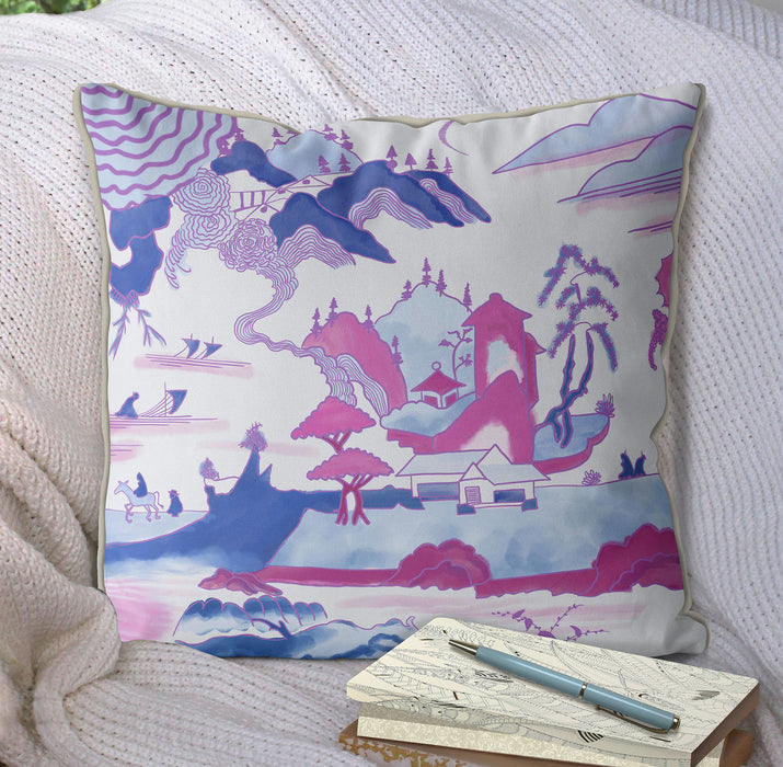 Temple Scene 1 in Pink And Blue, Cushion / Throw Pillow