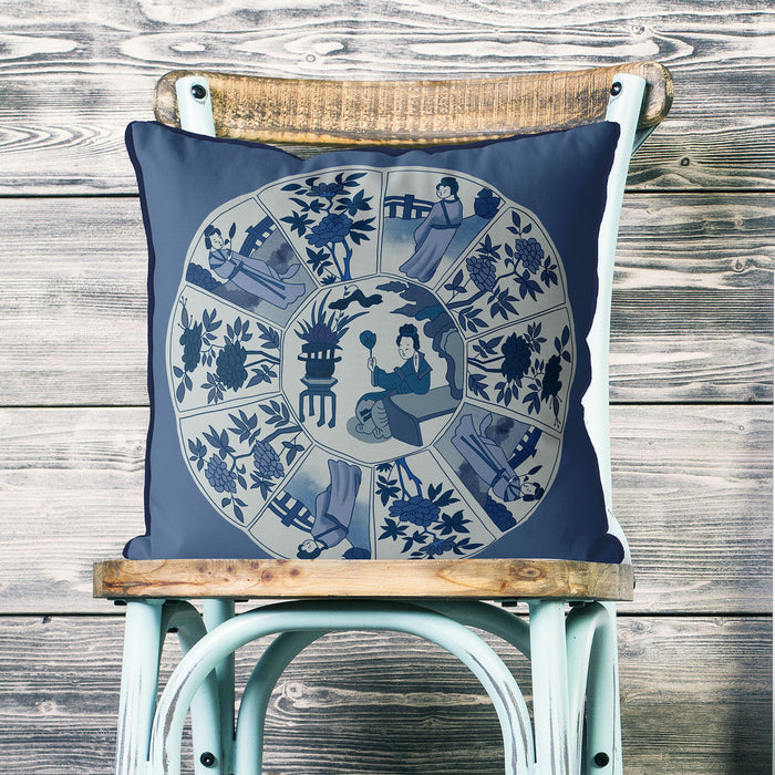 Lady with Mirror on Blue, Chinoiserie Cushion / Throw Pillow