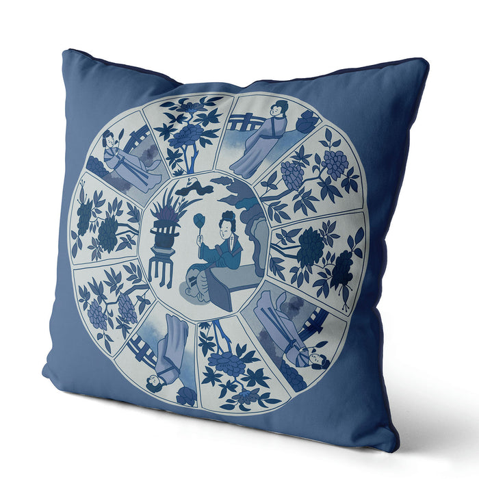 Lady with Mirror on Blue, Chinoiserie Cushion / Throw Pillow