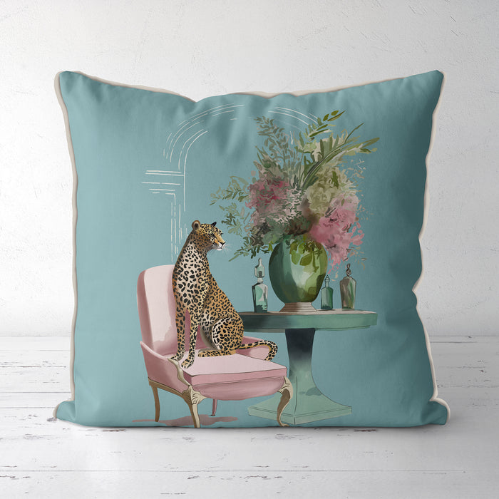 Chic Leopard Salon Pink Green on Blue Cushion Throw Pillow