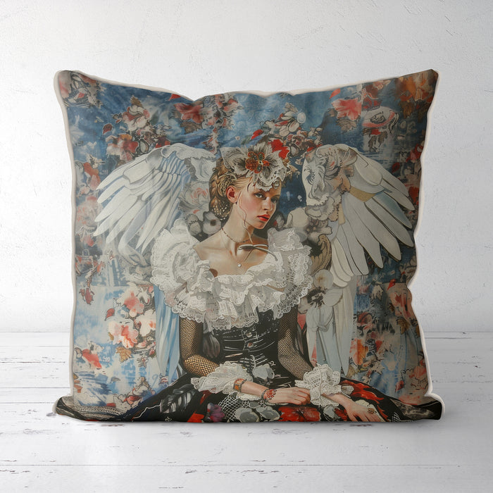 Modern cushion pillow cover of a angel in a sexy black dress with fishnet sleeves and giant white feathered wings on a blue and pink floral background. Finished with chic silver bias piping 
