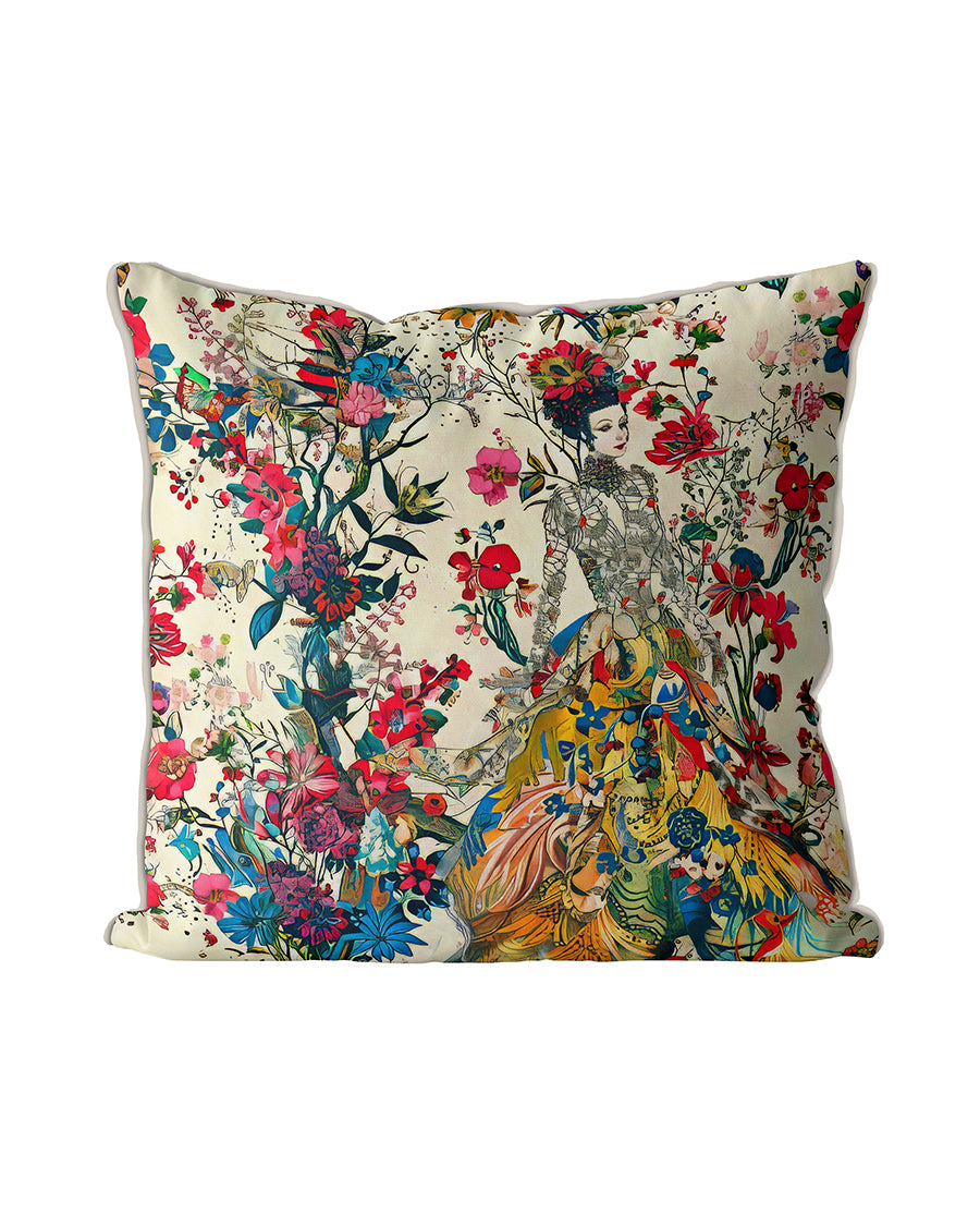 Designer whimsical bohemian cushion, an elegantly dressed woman surrounded by a vibrant array of flowers and botanical elements. Detailed patterns and lively colours, yellow, red, pink, blue, a stunning visual contrast against the light background.