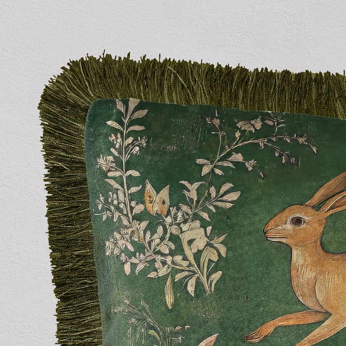 Medieval Hares 3 Luxury Fringed Velvet Cushion Throw Pillow Cover