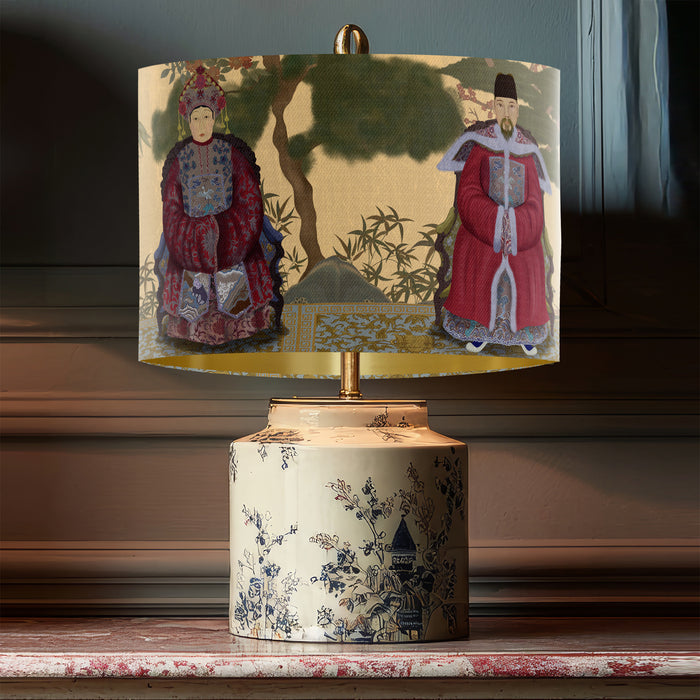 Ancestors On Gold Chinoiserie Lamp shade, Drum, Pendant Lighting