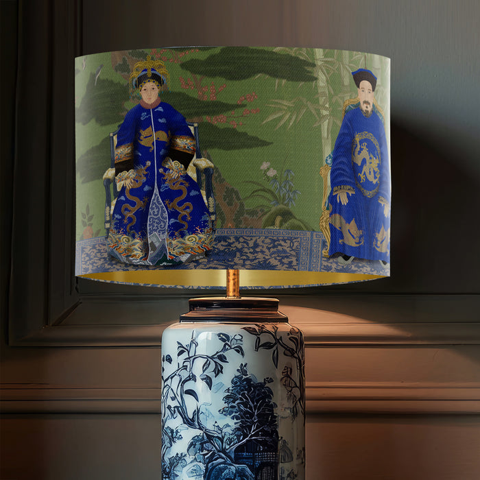 Ancestors On Green Chinoiserie Lamp shade, Drum, Pendant Lighting