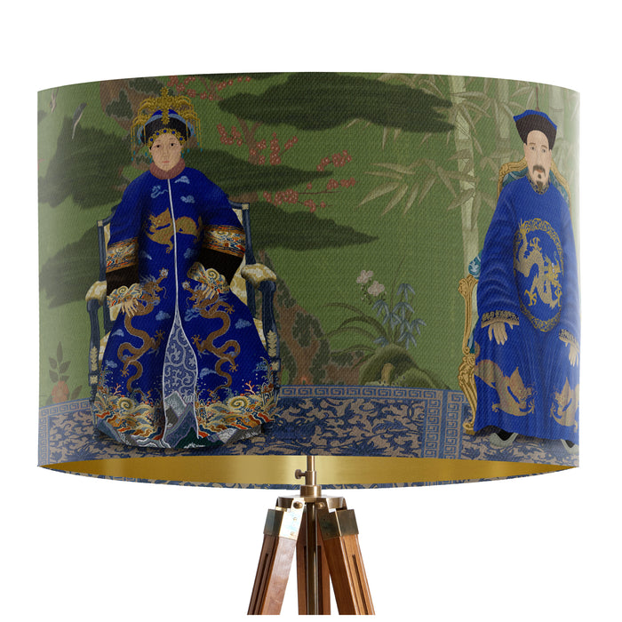 Ancestors On Green Chinoiserie Lamp shade, Drum, Pendant Lighting