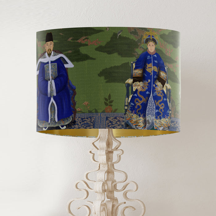 Ancestors On Green Chinoiserie Lamp shade, Drum, Pendant Lighting