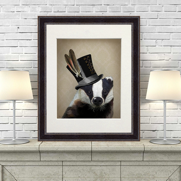 Steampunk Badger in Top Hat, Art Print, Canvas Wall Art