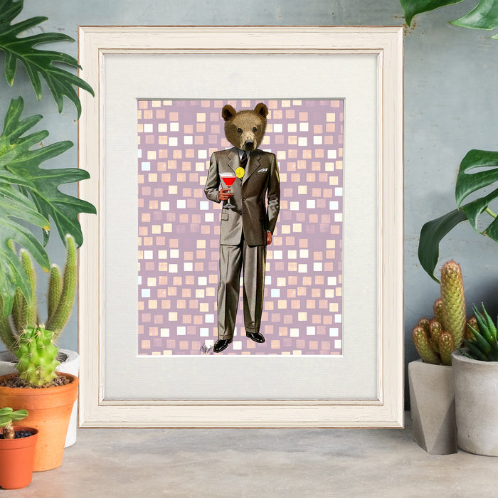 Bear With Cocktail, Animal Art Print, Wall Art