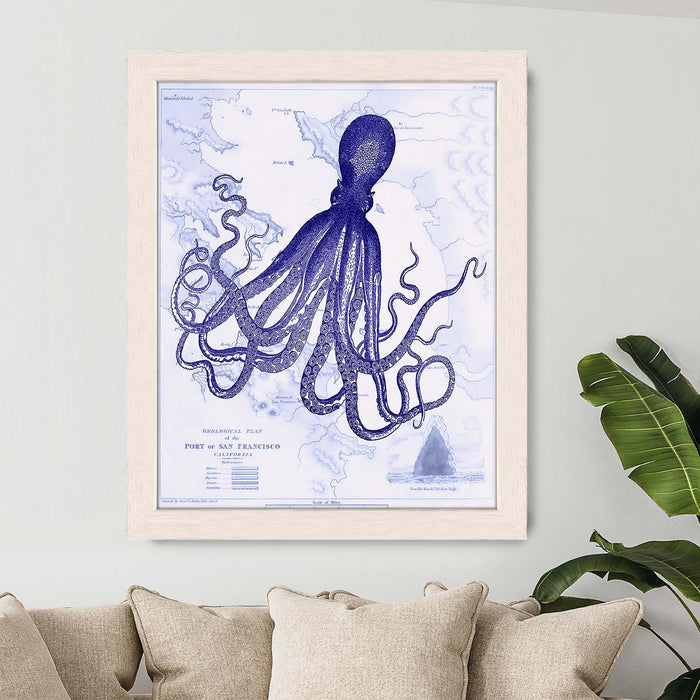Blue Octopus 1 on Nautical Map, Nautical print, Coastal art