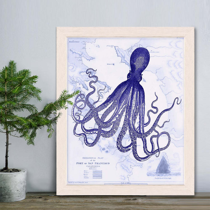 Blue Octopus 1 on Nautical Map, Nautical print, Coastal art