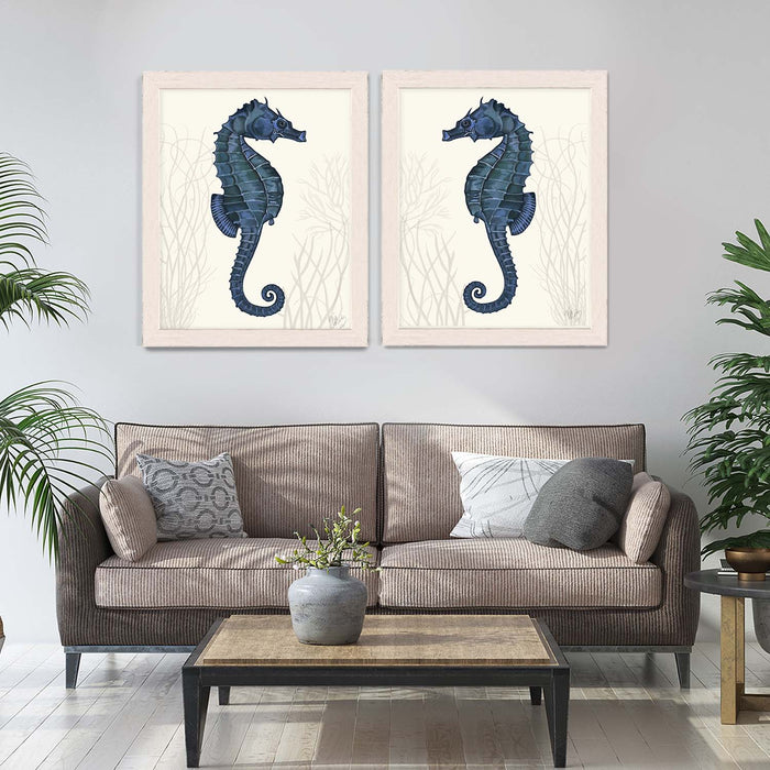 Collection - 2 Prints, Blue Seahorses on Cream, Nautical print, Coastal art