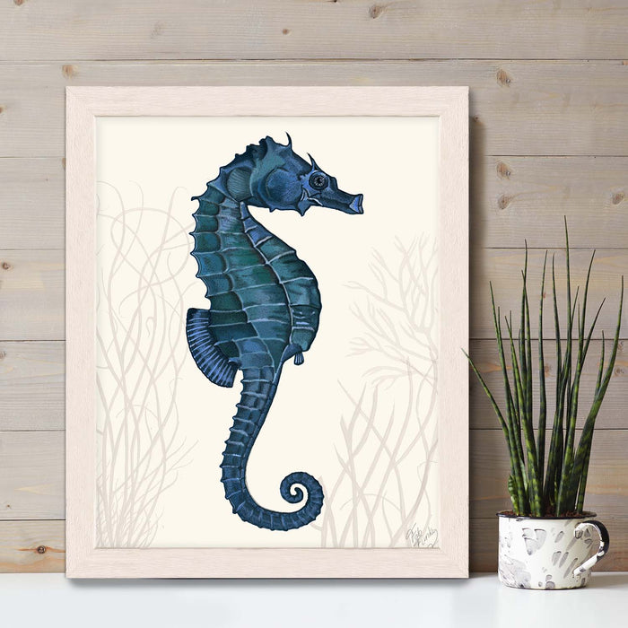 Blue Seahorse on Cream, 1, Nautical print, Coastal art