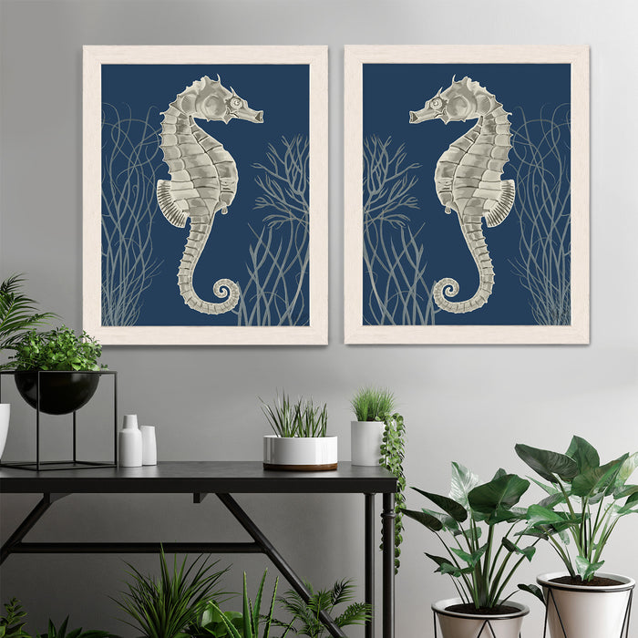 Collection - 2 Prints, Seahorses silver grey on blue, Nautical print, Coastal art