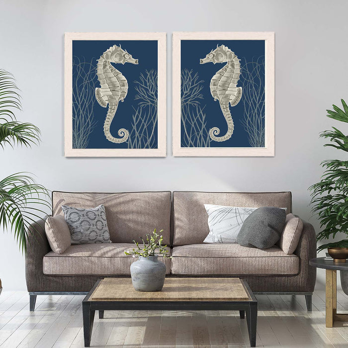 Collection - 2 Prints, Seahorses silver grey on blue, Nautical print, Coastal art